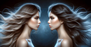 Two beautiful women with loose hair, depicted in a semi-closeup view.