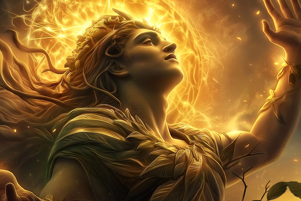 fantasy scene depicting sun god