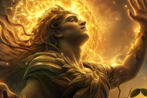 fantasy scene depicting sun god