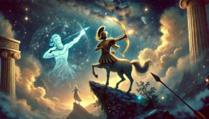 A mythological centaur representing Sagittarius, standing proudly on a rocky mountain peak at night