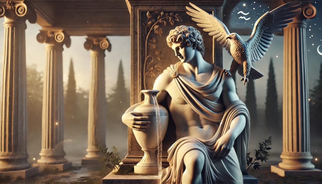 A photorealistic image of a classical-style marble statue representing Ganymede from Greek mythology, set in a serene and slightly mystical environmen