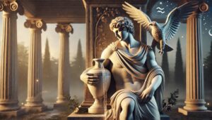 A photorealistic image of a classical-style marble statue representing Ganymede from Greek mythology, set in a serene and slightly mystical environmen