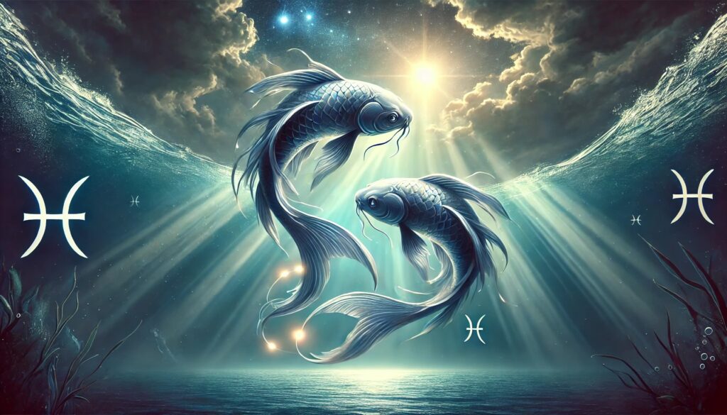 A photorealistic underwater scene inspired by the zodiac sign Pisces, featuring two stylized fish with elongated, flowing bodies, similar to tradition