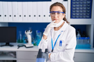 Mladá žena pracujúca vo vedeckom laboratóriu s úsmevom a sebavedomým pohľadom